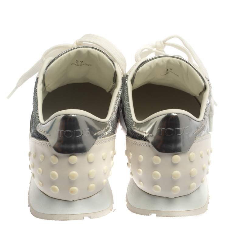 Pre Owned Tod's Metallic Silver Leather And Sequin Low Top Sneakers Size 37