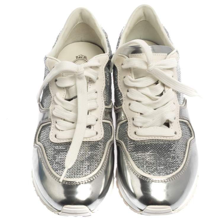 Pre Owned Tod's Metallic Silver Leather And Sequin Low Top Sneakers Size 37