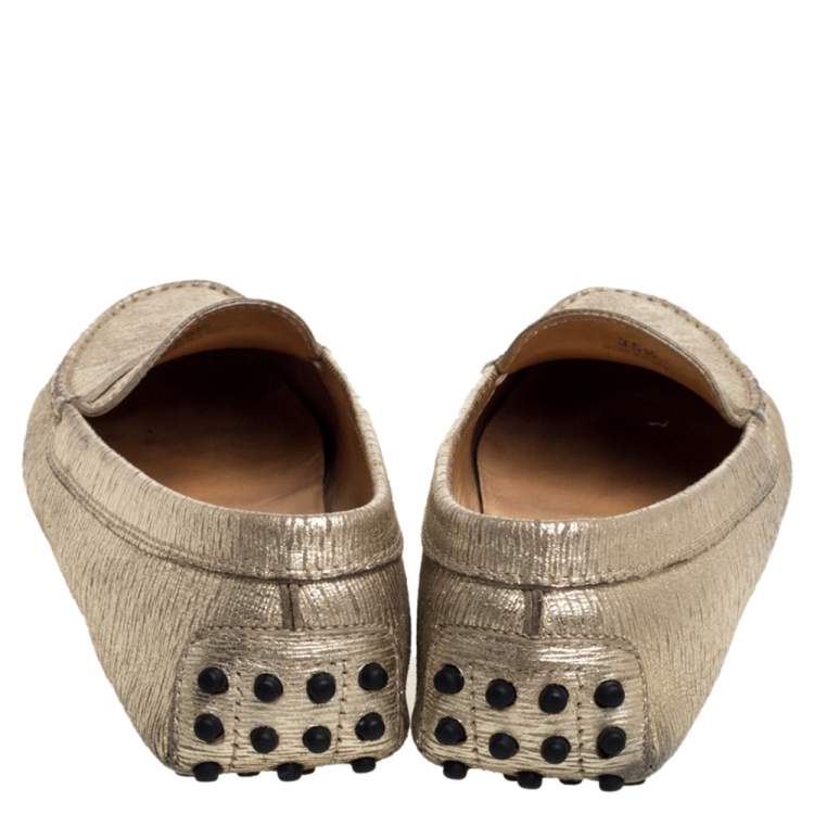 Pre Owned Tod's Metallic Gold Leather Penny Loafers Size 35.5