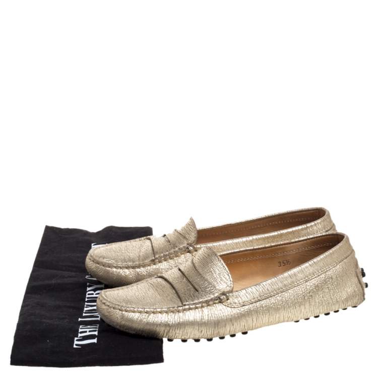 Pre Owned Tod's Metallic Gold Leather Penny Loafers Size 35.5