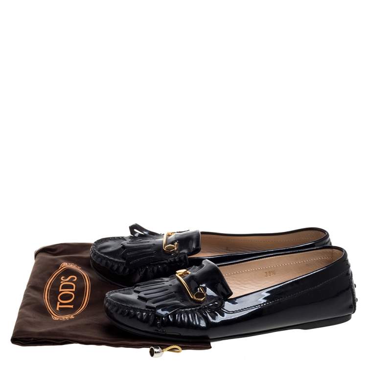 Pre Owned Tod's Black Patent Leather Safety Pin Fringe Loafers Size 38.5