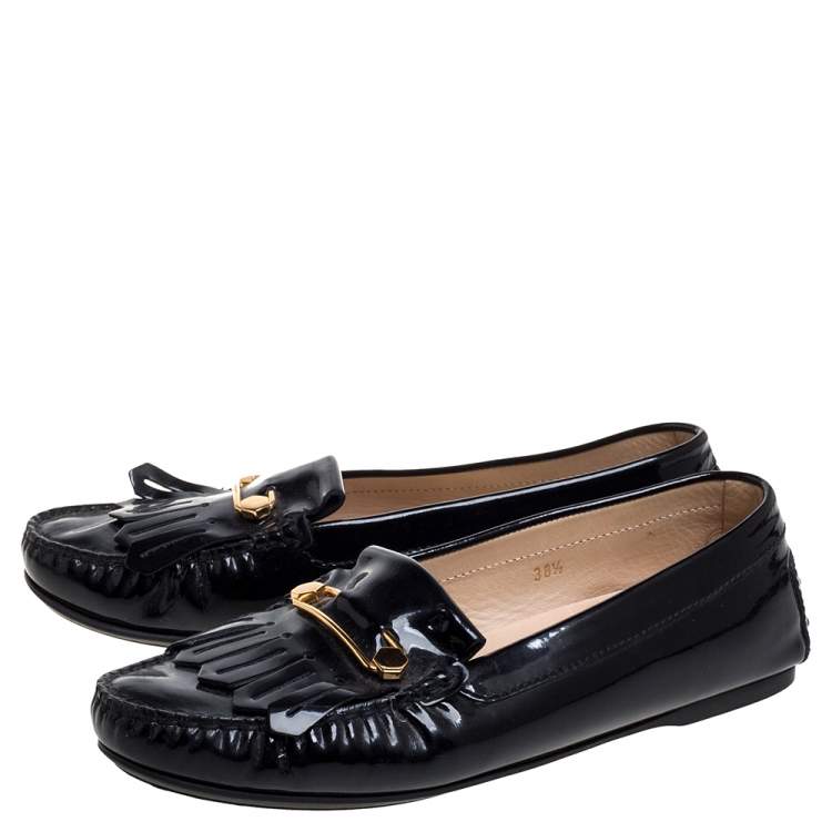 Pre Owned Tod's Black Patent Leather Safety Pin Fringe Loafers Size 38.5