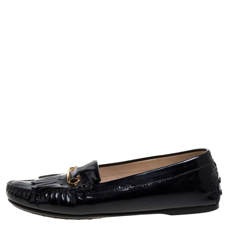 Tod's Gommini authentic Fringe Patent Leather Loafers Black Size 38.5 (8 ) Women's