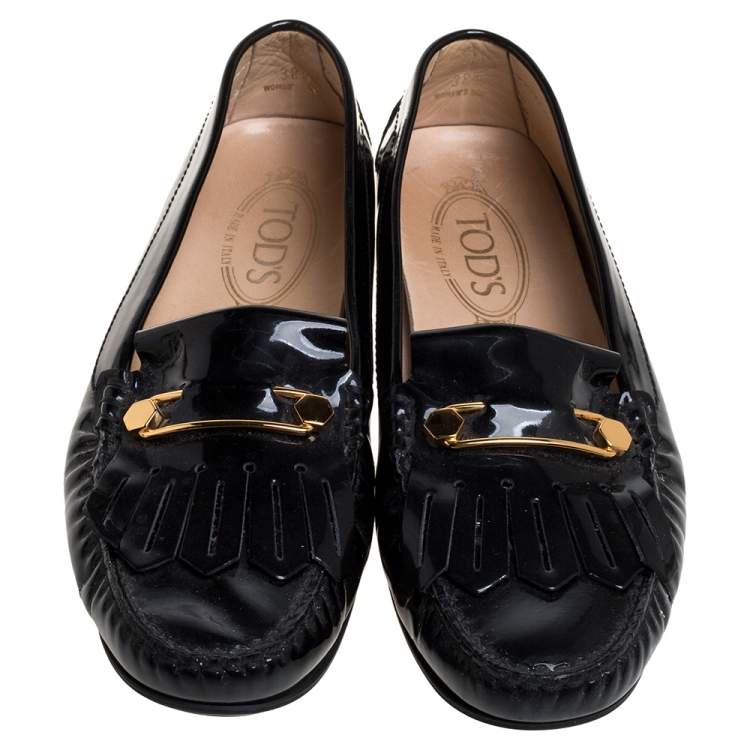 Pre Owned Tod's Black Patent Leather Safety Pin Fringe Loafers Size 38.5