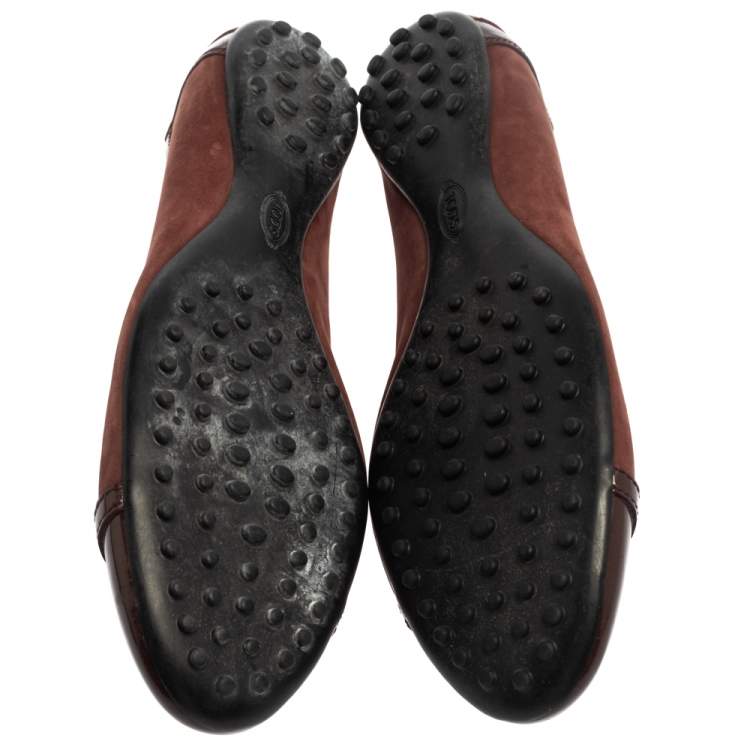 Pre Owned Tod's Two Tone Brown Suede and Patent Leather Cap Toe Ballet Flats Size 39