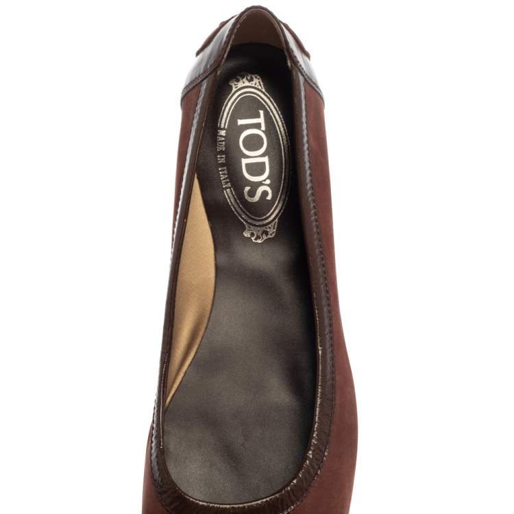 Pre Owned Tod's Two Tone Brown Suede and Patent Leather Cap Toe Ballet Flats Size 39