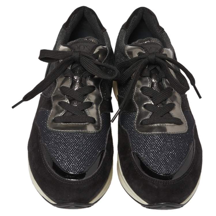 Pre Owned Tod's Black Mesh And Suede Textured Leather Low Top Sneakers Size 38.5