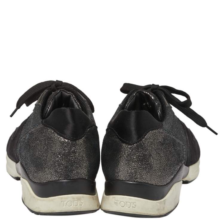 Pre Owned Tod's Black Mesh And Suede Textured Leather Low Top Sneakers Size 38.5
