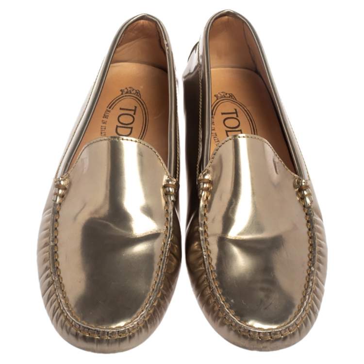 Pre Owned Tod's Metallic Gold Leather Slip On Loafers Size 36.5
