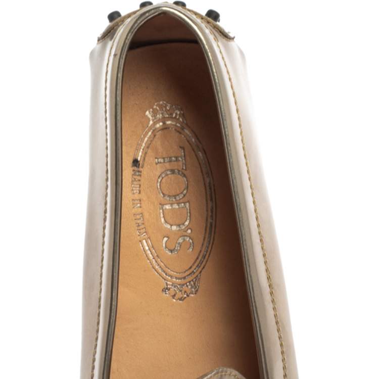 Pre Owned Tod's Metallic Gold Leather Slip On Loafers Size 36.5