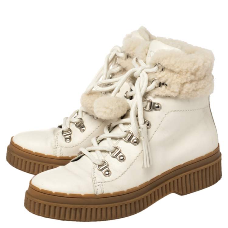 Pre Owned Tod's Ivory Leather and Shearling Lace Up Ankle Boots Size 36