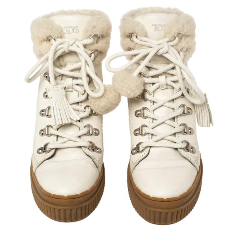 Pre Owned Tod's Ivory Leather and Shearling Lace Up Ankle Boots Size 36