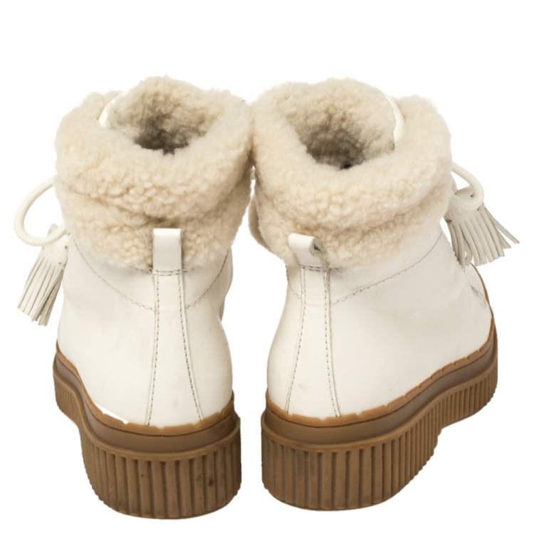 Pre Owned Tod's Ivory Leather and Shearling Lace Up Ankle Boots Size 36