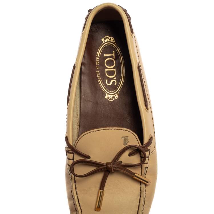 Pre Owned Tod's Beige Leather Gommino Driving Bow Loafers Size 37