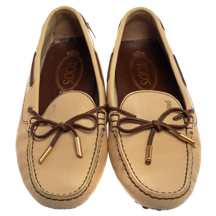 Pre Owned Tod's Beige Leather Gommino Driving Bow Loafers Size 37