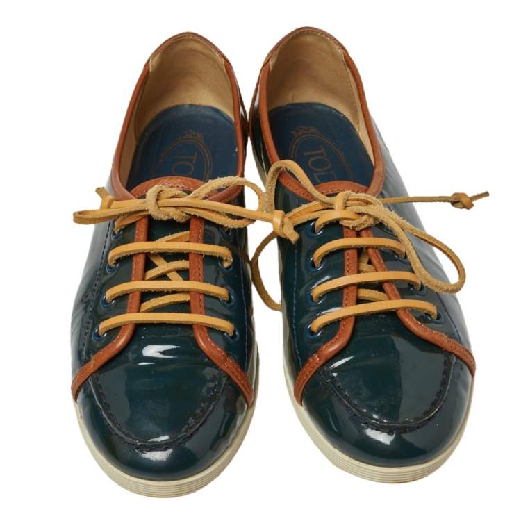 Pre Owned Tod's Deep Green Patent Leather Lace Up Sneakers Size 38.5
