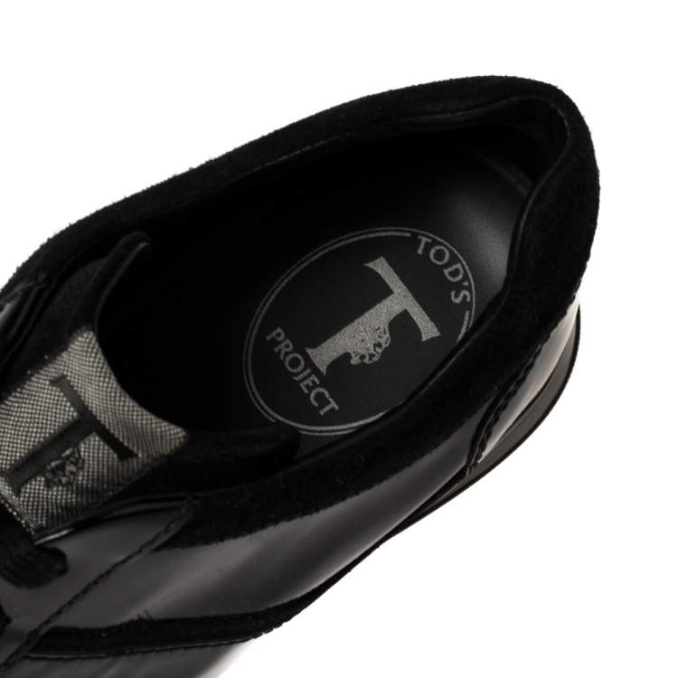 Pre Owned Tod's Black Patent Leather And Suede Lace Low Top Sneakers Size 40