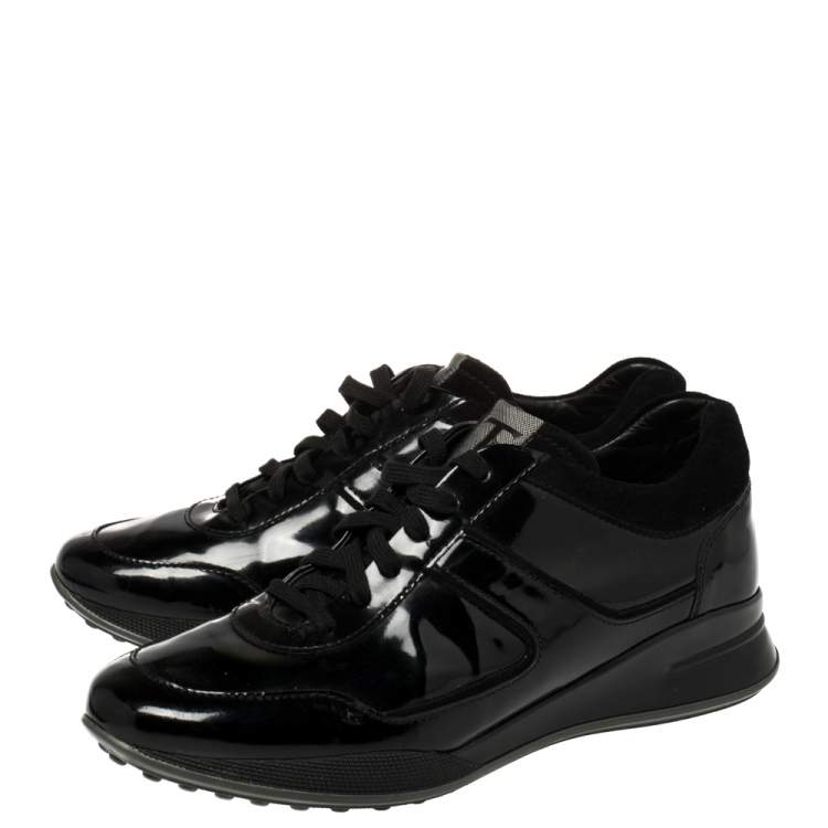 Pre Owned Tod's Black Patent Leather And Suede Lace Low Top Sneakers Size 40