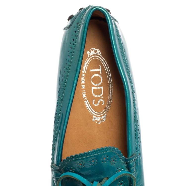 Pre Owned Tod's Blue Patent Leather Gommino Bow Loafers Size 37