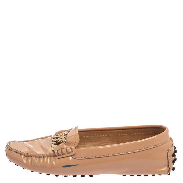 Pre Owned Tod's Old Rose Pink Patent Leather Chain Detail Slip On Loafers 34.5