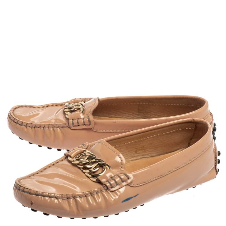 Pre Owned Tod's Old Rose Pink Patent Leather Chain Detail Slip On Loafers 34.5