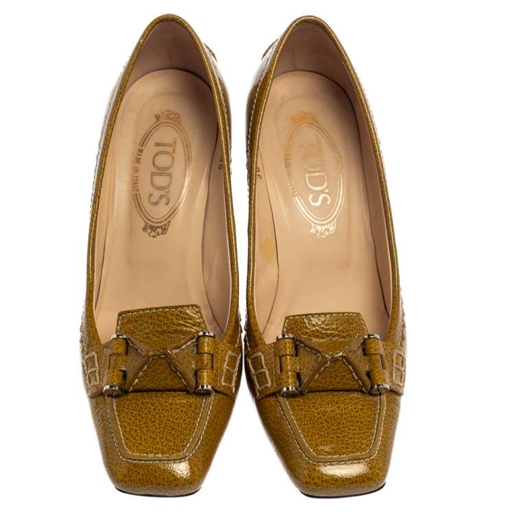 Pre Owned Tod's Yellow/Green Patent Leather Square Toe Loafer Pumps Size 38