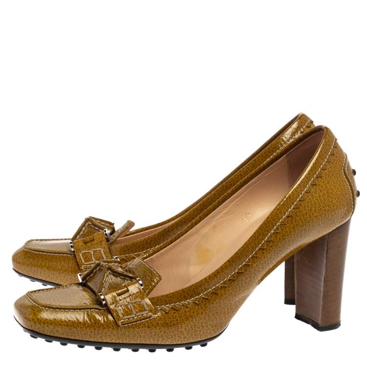 Pre Owned Tod's Yellow/Green Patent Leather Square Toe Loafer Pumps Size 38