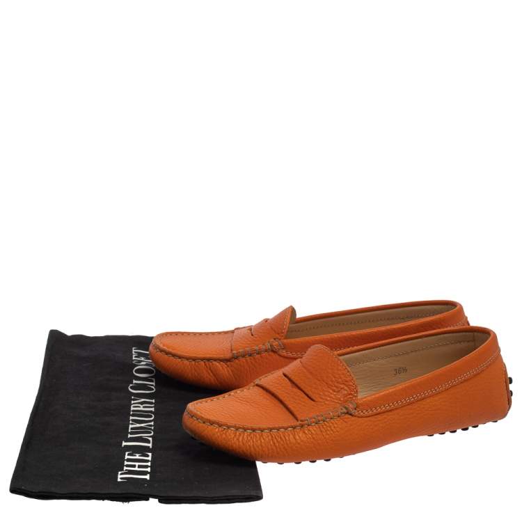 Pre Owned Tod's Orange Leather Gommino Penny Loafers Size 36.5