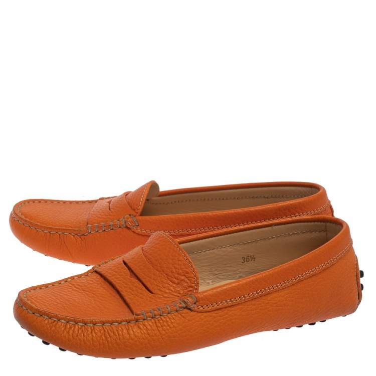 Pre Owned Tod's Orange Leather Gommino Penny Loafers Size 36.5
