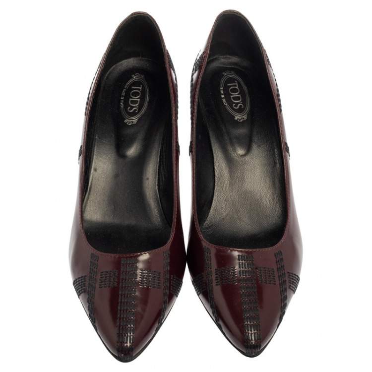 Pre Owned Tod's Burgundy Leather Embroidered Pointed Toe Pumps Size 38.5