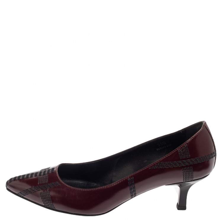 Pre Owned Tod's Burgundy Leather Embroidered Pointed Toe Pumps Size 38.5