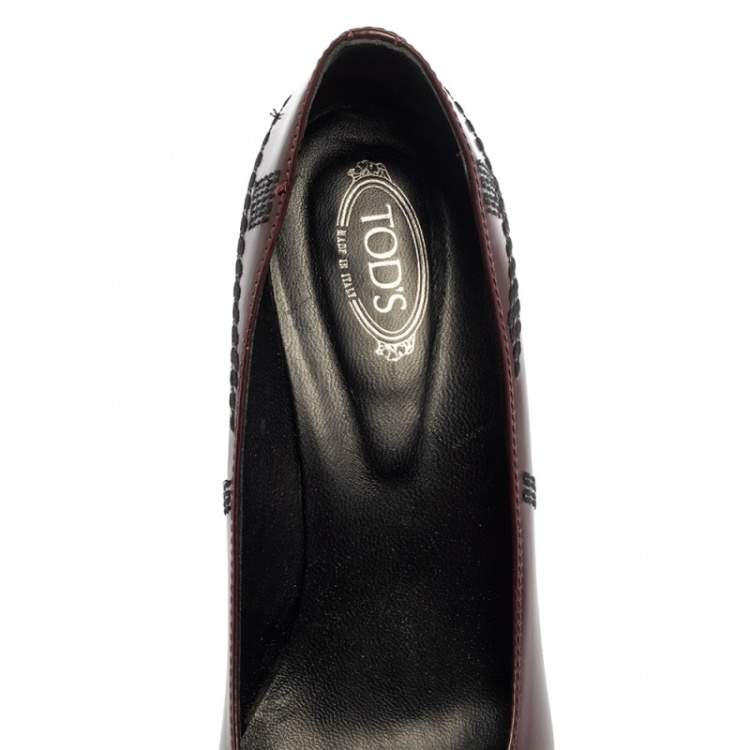Pre Owned Tod's Burgundy Leather Embroidered Pointed Toe Pumps Size 38.5