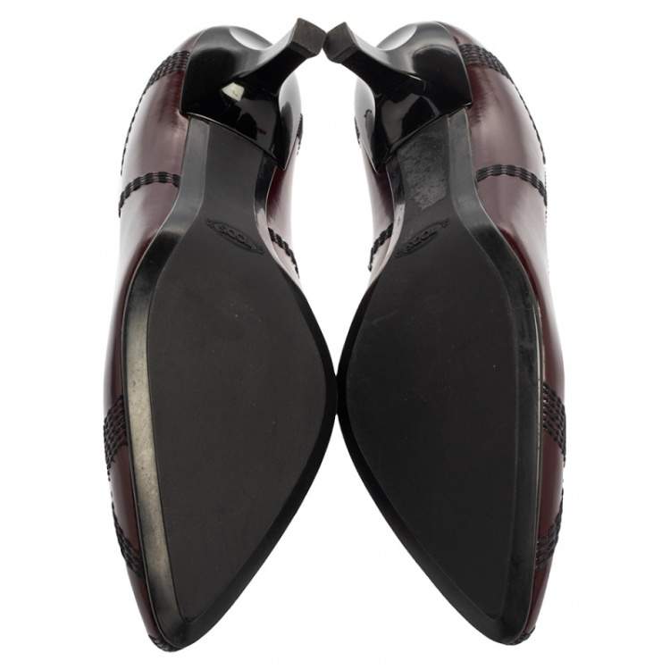 Pre Owned Tod's Burgundy Leather Embroidered Pointed Toe Pumps Size 38.5