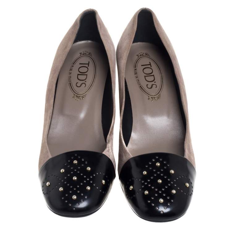 Pre Owned Tod's Grey Suede And Leather Metal Embellishment  Slip On Pumps Size 38.5