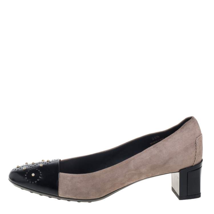 Pre Owned Tod's Grey Suede And Leather Metal Embellishment  Slip On Pumps Size 38.5