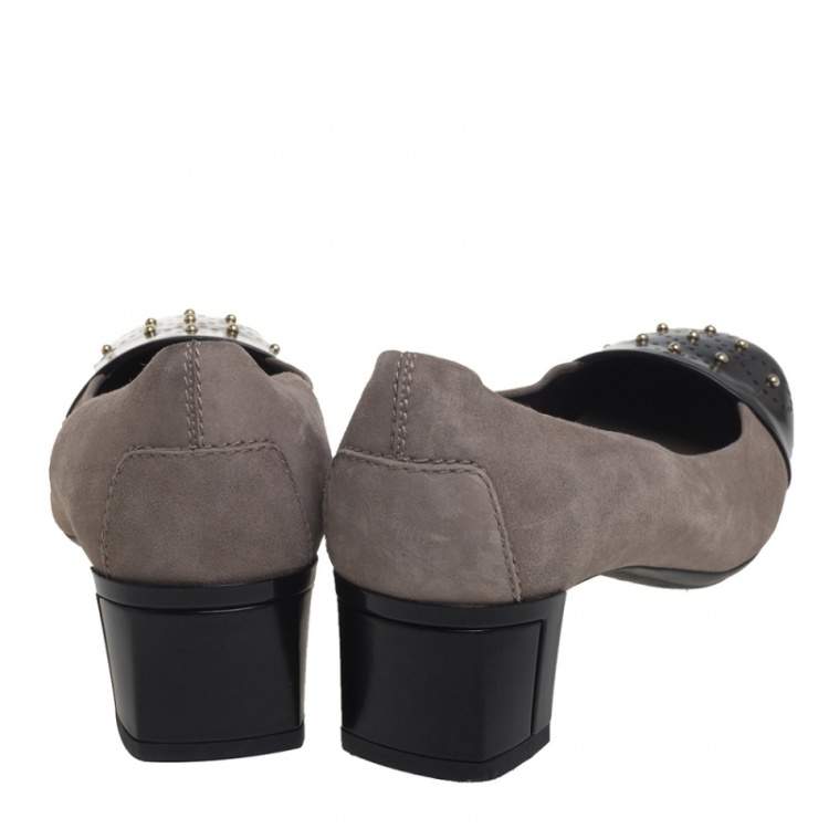 Pre Owned Tod's Grey Suede And Leather Metal Embellishment  Slip On Pumps Size 38.5