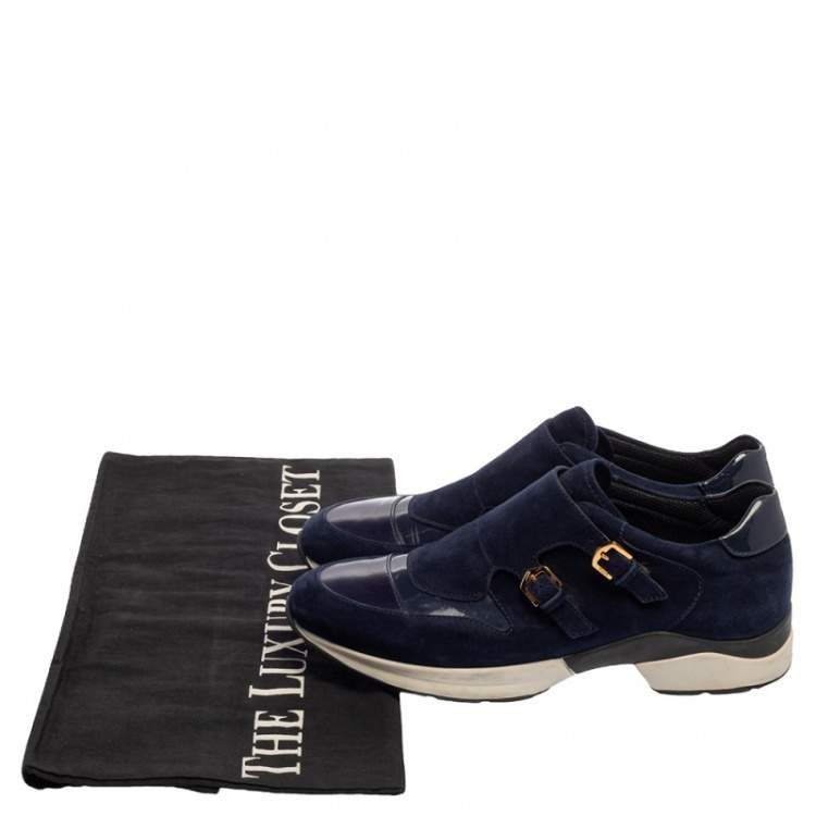 Pre Owned Tod's Navy Blue Suede And Patent Leather Double Buckle Sneakers Size 38