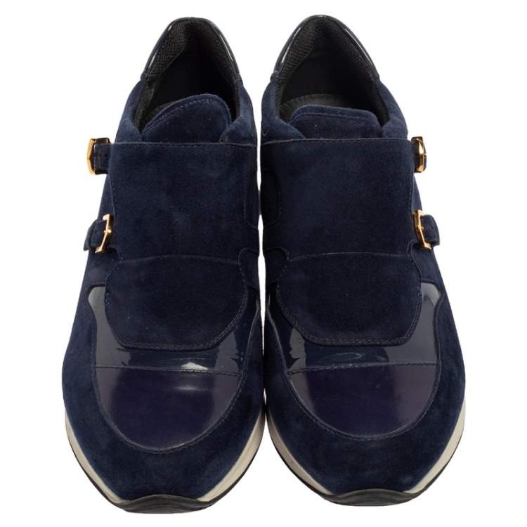 Pre Owned Tod's Navy Blue Suede And Patent Leather Double Buckle Sneakers Size 38