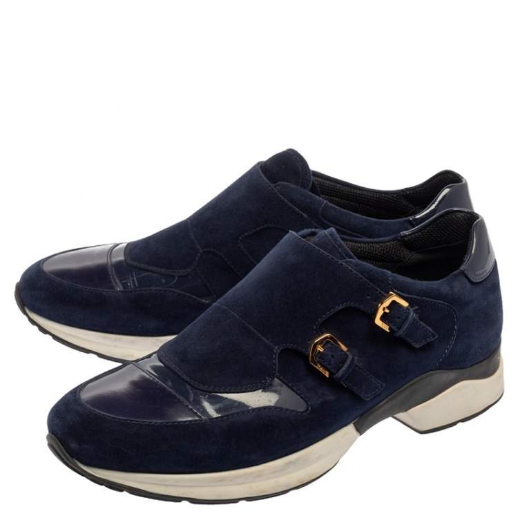 Pre Owned Tod's Navy Blue Suede And Patent Leather Double Buckle Sneakers Size 38