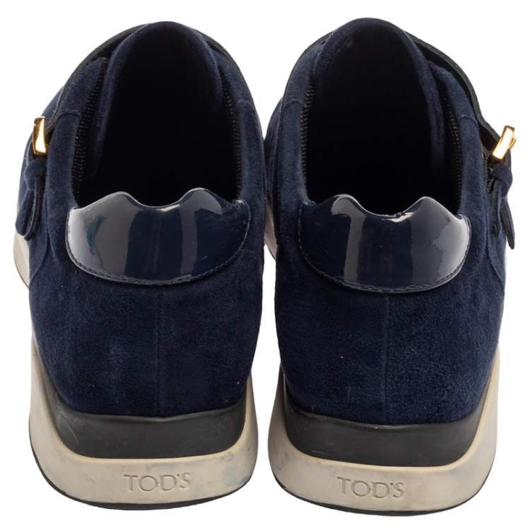Pre Owned Tod's Navy Blue Suede And Patent Leather Double Buckle Sneakers Size 38