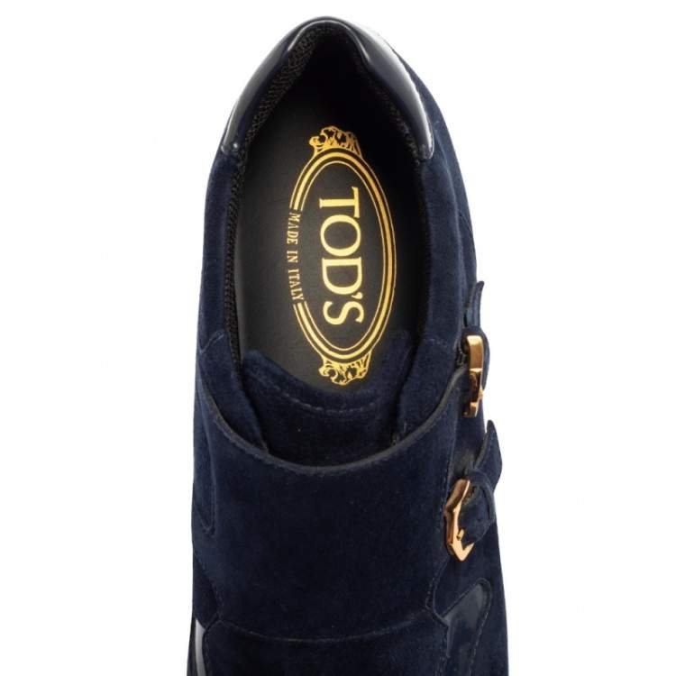 Pre Owned Tod's Navy Blue Suede And Patent Leather Double Buckle Sneakers Size 38