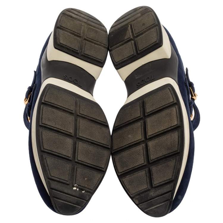 Pre Owned Tod's Navy Blue Suede And Patent Leather Double Buckle Sneakers Size 38