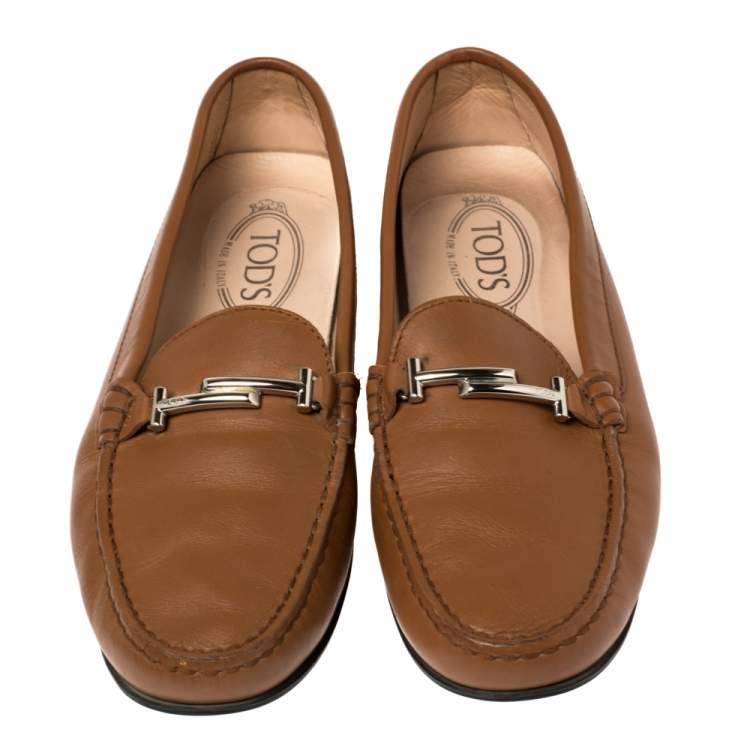 Pre Owned Tod's Brown Leather Double T Loafers Size 41