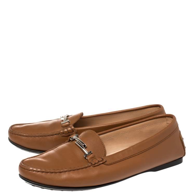 Pre Owned Tod's Brown Leather Double T Loafers Size 41