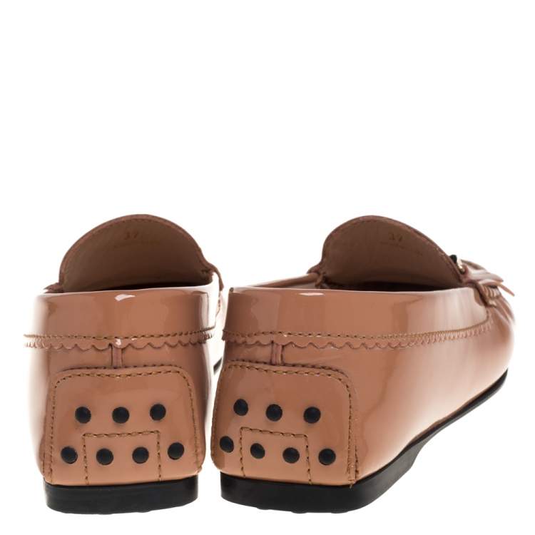 Pre Owned Tod's Beige Patent Leather Double T Fringe Loafers Size 37