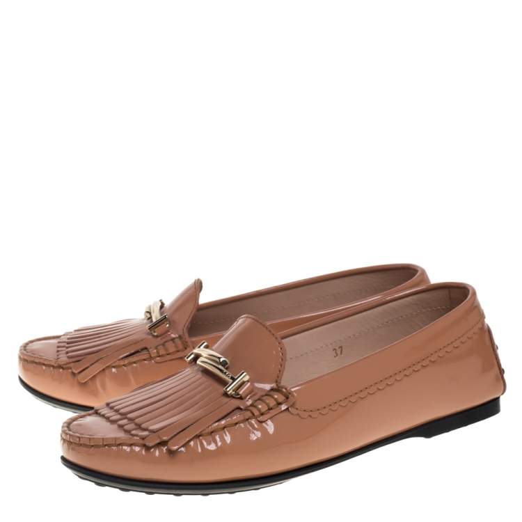 Pre Owned Tod's Beige Patent Leather Double T Fringe Loafers Size 37
