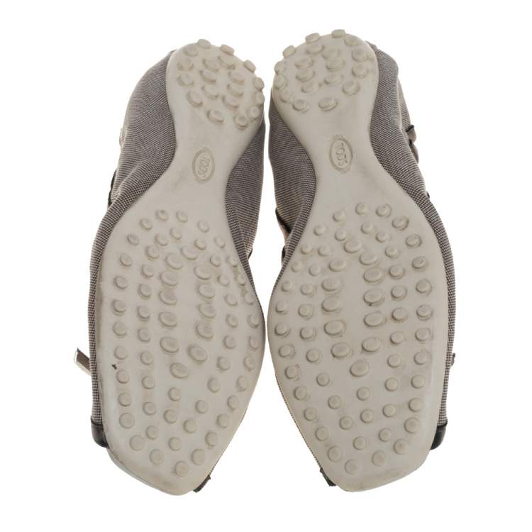 Pre Owned Tod's Grey/Metallic Canvas And Leather Bow Open Toe Flats Size 39