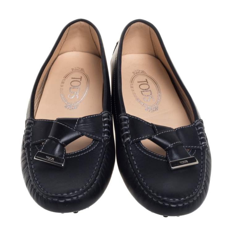 Pre Owned Tod's Black Leather Bow Slip On Loafers Size 38