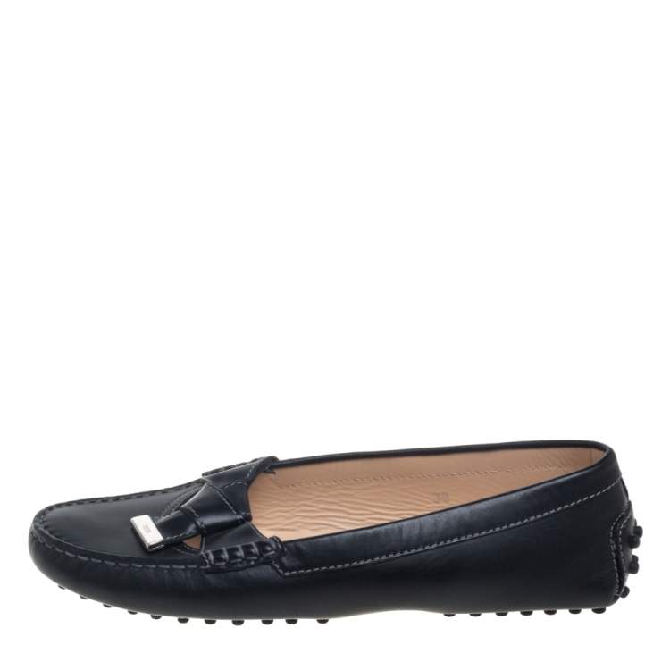 Pre Owned Tod's Black Leather Bow Slip On Loafers Size 38