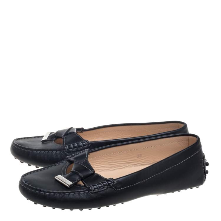 Pre Owned Tod's Black Leather Bow Slip On Loafers Size 38